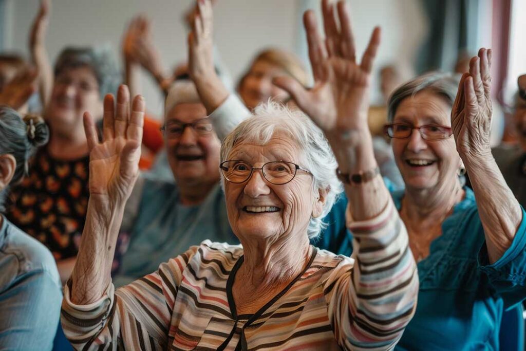 A group of older adults sitting together at a round table, talking and smiling during a daytime activity.