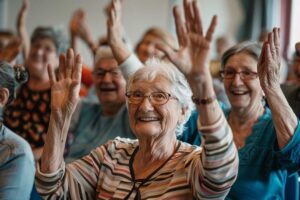 A group of older adults sitting together at a round table, talking and smiling during a daytime activity.